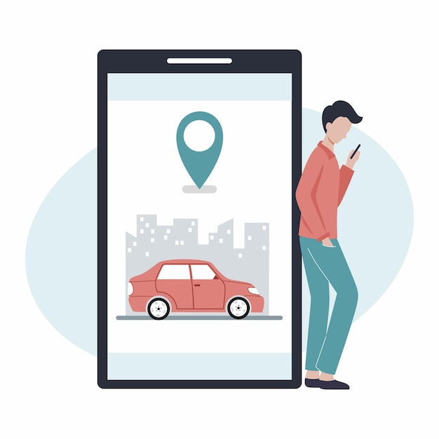 El hombre pide un taxi a través de un teléfono inteligente. Coche compartido y alquiler de coches. Aplicación en línea para llamada automática.