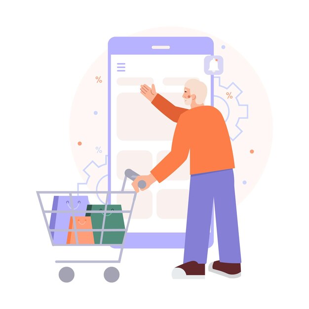 Hombre de pie con un carrito cerca de una gran pantalla móvil y eligiendo productos en la aplicación