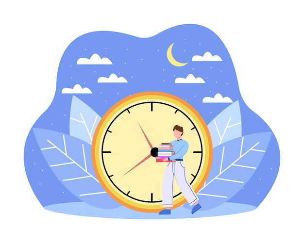 Hombre de pie cerca del gran reloj con libros y caminando Contabilidad de horas de trabajo