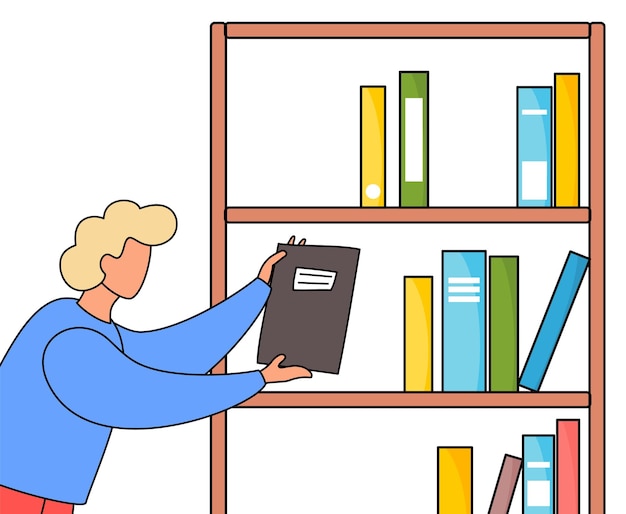 Hombre de pie con cuaderno cerca de la estantería Hombre o mujer con cabello corto brillante con libro de ejercicios Libros de colores de pie en una estantería en filas biblioteca o librería Trabajador de oficina empleado de archivo