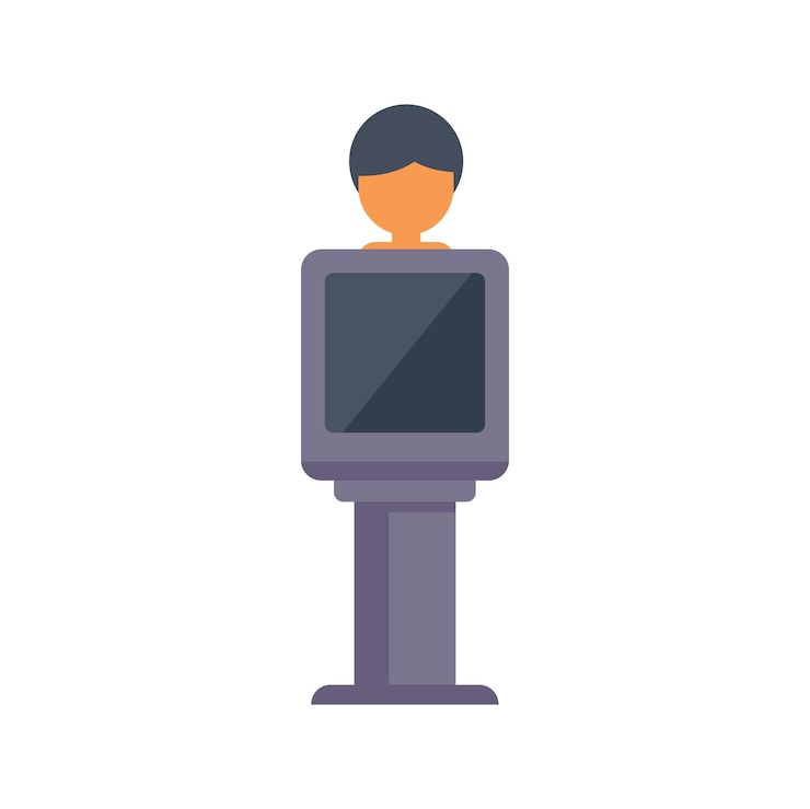 Vector hombre de pie detrás de la terminal de señalización digital interactiva
