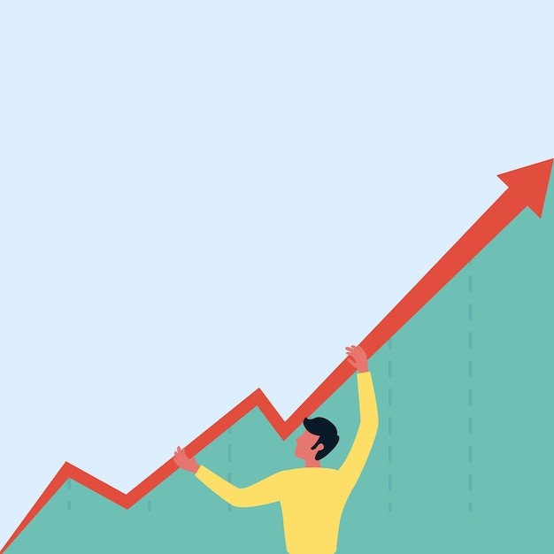 Hombre de pie dibujo sosteniendo la flecha del gráfico que muestra el crecimiento empresarial, mientras que el diseño del empresario