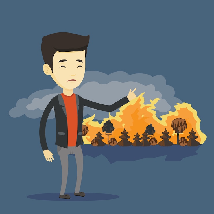 Vector hombre de pie en el fondo de incendios forestales.