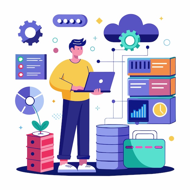 Un hombre de pie frente a una computadora portátil involucrado en el trabajo o el estudio Programador mantenimiento gestión de bases de datos grandes Ilustración vectorial plana simple y minimalista