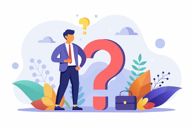 Hombre de pie frente a un signo de pregunta Signo de pregunta Pequeño hombre de negocios resolviendo un problema de negocio Ilustración vectorial plana simple y minimalista