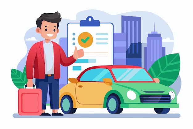 Un hombre de pie junto a un coche verde posiblemente después de obtener una aprobación de préstamo de coche Un hombre que obtiene un préstamo de automóvil aprobado Ilustración vectorial plana simple y minimalista