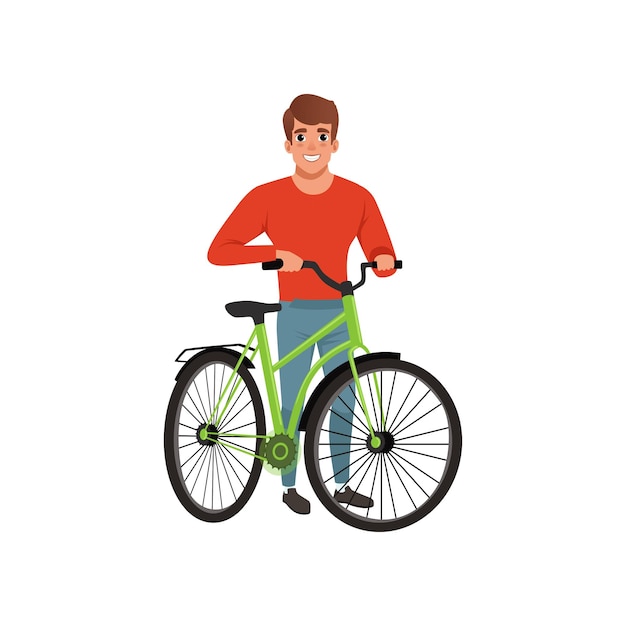 Hombre de pie junto a su bicicleta vector de concepto de estilo de vida activo Ilustraciones aisladas en un fondo blanco