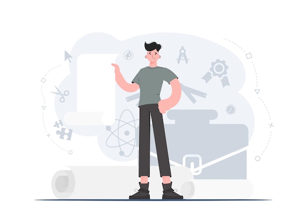 Un hombre de pie en pleno crecimiento muestra una hoja vacía Lugar para publicidad Elemento de estilo plano para sitios de presentaciones Ilustración vectorial