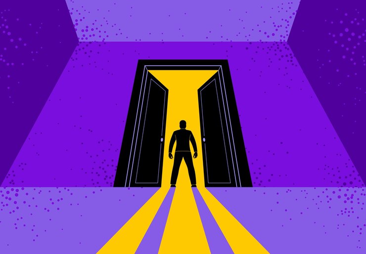 Vector hombre de pie en la puerta grande medio abierta dudando en entrar concepto vectorial de nuevas oportunidades paso en el futuro metáfora deuda decisión de ir al futuro