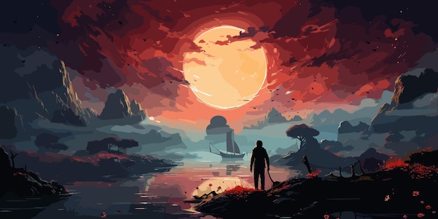 Vector un hombre de pie en un río con su naufragio contra el fondo del cielo al revés pintura de ilustración de estilo arte digital