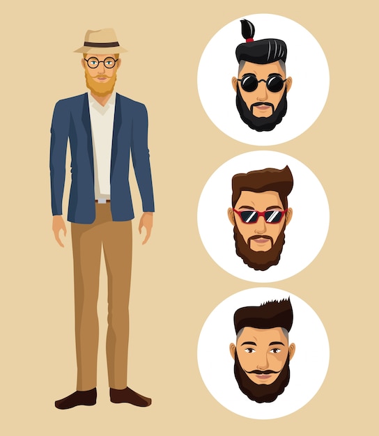 Hombre de pie con sombrero gafas hipster barba y caras hombres