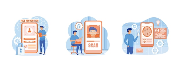 Hombre de pie con un teléfono identifica una cara Concepto de reconocimiento facial Desarrollo de un sistema de reconocimiento Facial Servicio o plataforma en línea Ilustración moderna de vector plano