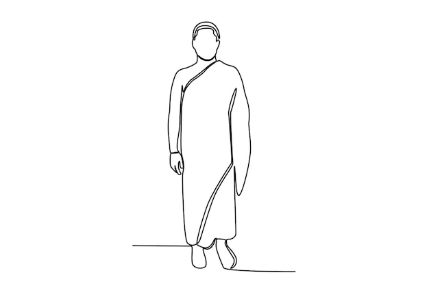 Un hombre de pie vestido con un atuendo de peregrino Hajj peregrinos dibujo en línea
