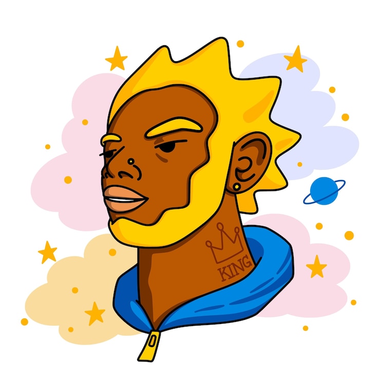 Vector hombre de piel oscura retrato avatar con corona de arete perforador de nariz y vestimenta deportiva con tatuaje de rey