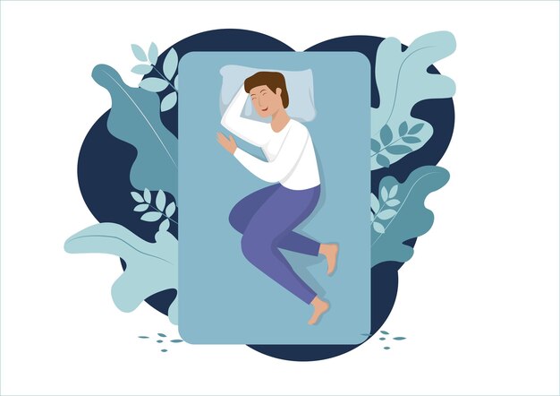 Un hombre en pijama está teniendo un dulce sueño en el dormitorio Concepto de estilo de vida saludable de ocio