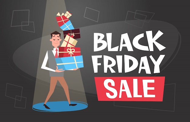 Hombre con pila de cajas de regalo, black friday sale shopping banner