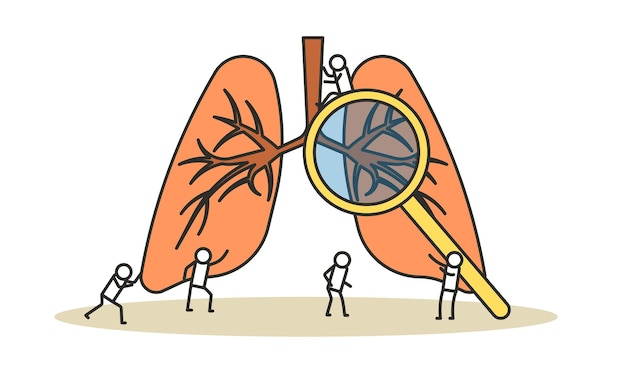 Hombre con píldora y mujer con lupa tratan los pulmones de personas ilustración vectorial