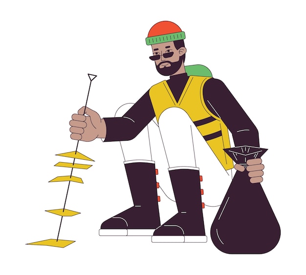 Hombre pinchando basura línea plana personaje vectorial de color bolsa de basura contorno editable cuerpo completo persona en blanco ilustración simple de spot de dibujos animados para diseño gráfico web