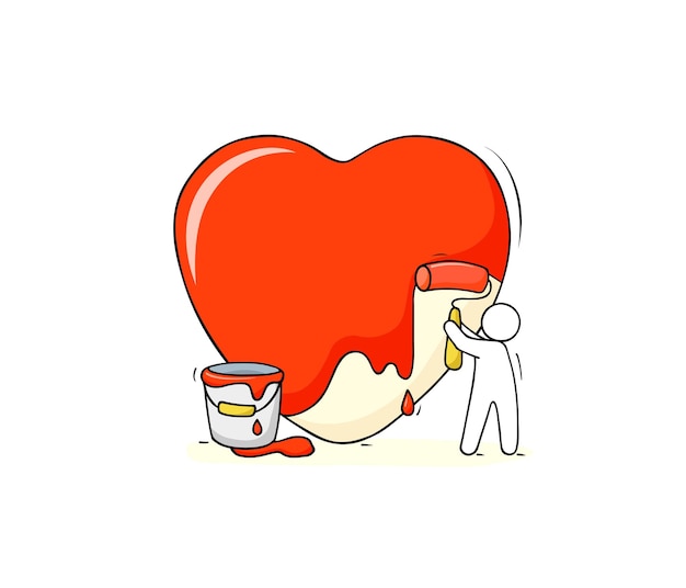 El hombre pinta el corazón en la tarjeta roja del día de San Valentín