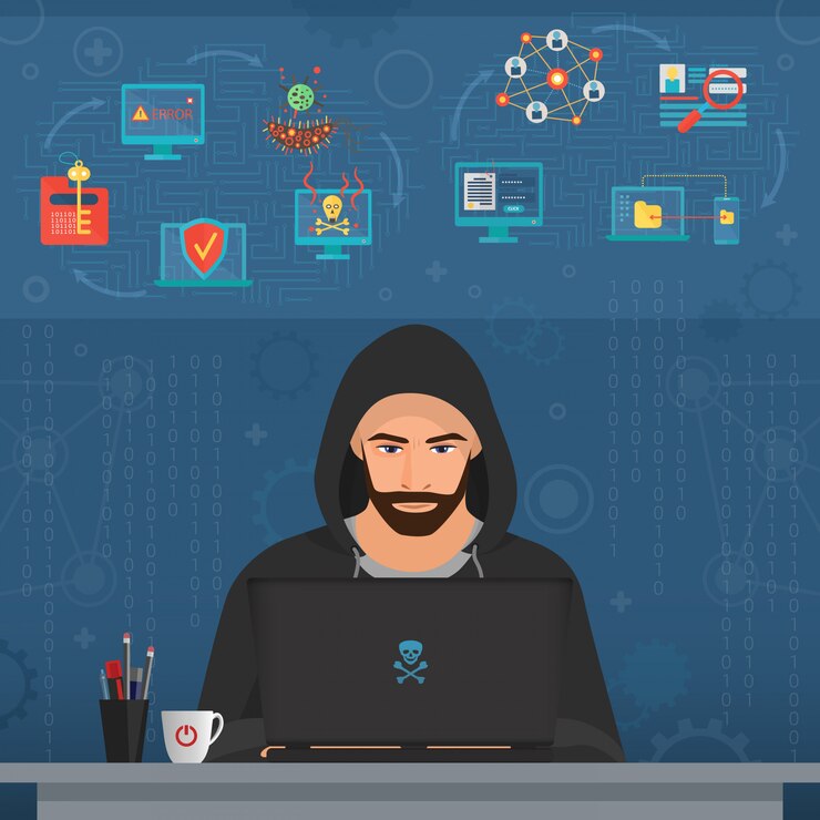 Vector hombre pirata informático hacking datos secretos