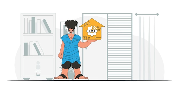 El hombre en el piso sostiene el logotipo de IoT, el estilo moderno de carácter vectorial impregna