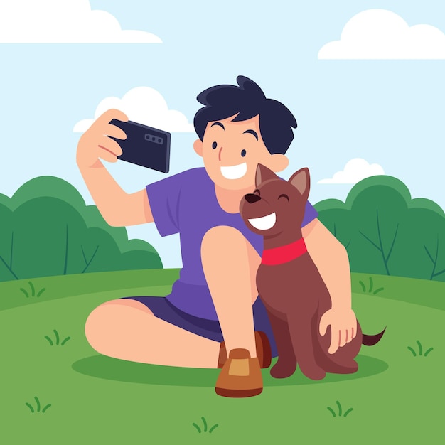 Vector hombre plano tomando selfie con perro