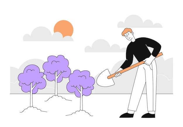 El hombre planta árboles hombre simple con pala cerca de brote cuidado sobre la ecología y el medio ambiente ecológico