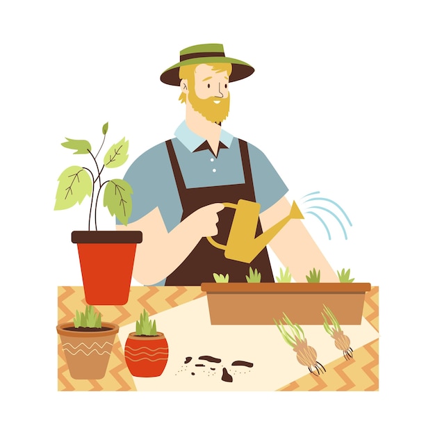 Hombre plantando plantas comestibles y hierbas ilustración vectorial plana aislada