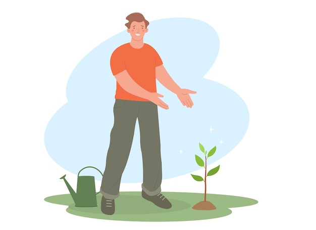 El hombre plantó un árbol El personaje se para y señala con las manos un árbol joven