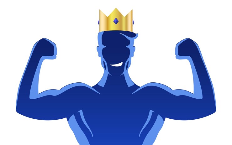 Vector un hombre poderoso con una corona dorada en la cabeza y los brazos arriba ilustración de vector de concepto ganador