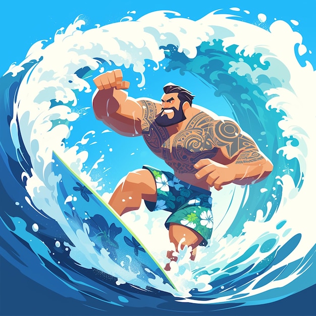 Vector un hombre de la polinesia francesa está surfeando.