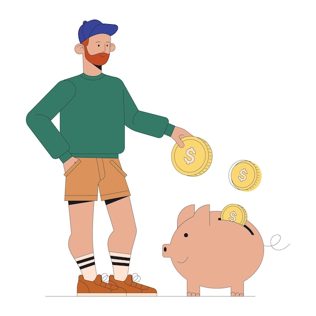 El hombre pone una moneda en la alcancía
