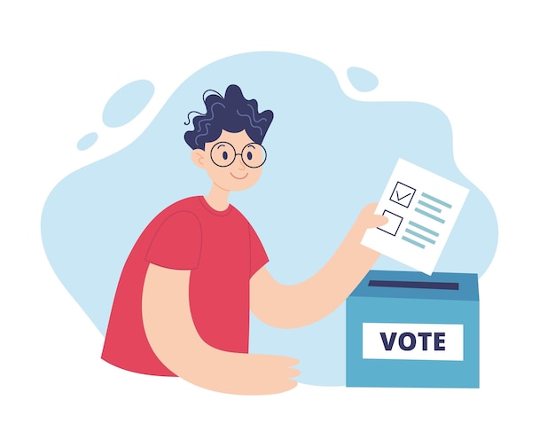 Hombre poniendo una boleta en una caja de votación Ilustración vectorial de concepto de campaña electoral en estilo plano