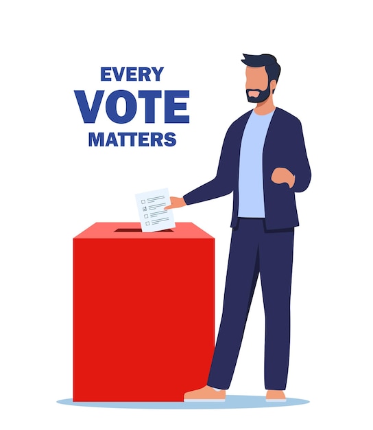Hombre poniendo papel de voto en la caja electoral Cada voto importa Ilustración vectorial
