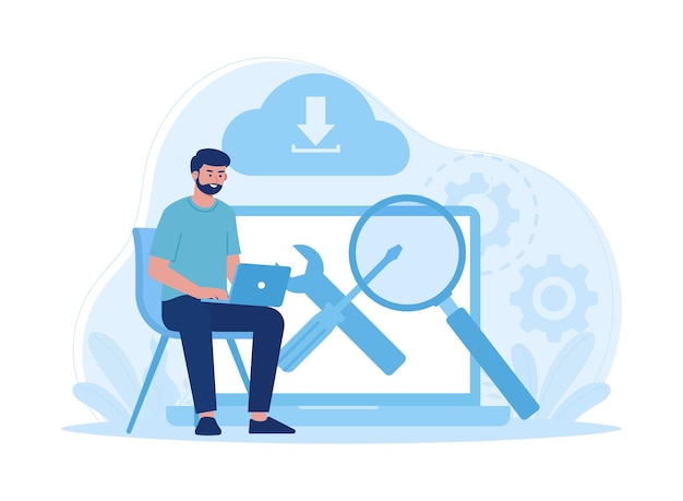 hombre con portátil analizando la nube y los servicios en la nube concepto ilustración plana