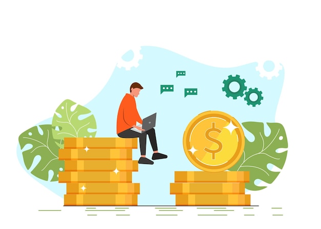 Hombre con portátil sentado en la naturaleza y hojas. Freelancer trabajando en una computadora portátil, es hora de ganar dinero. Reloj de arena, autónomo, dinero