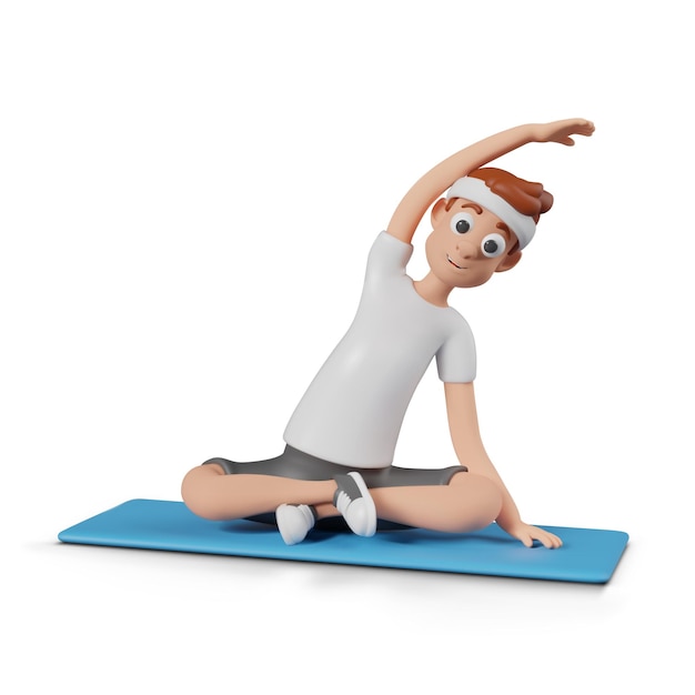 Hombre en posición de loto hace curvas personaje masculino 3D sentado en la alfombra y haciendo yoga