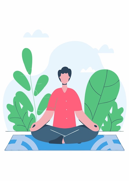 Hombre en práctica de meditación tranquila y pacífica en una alfombra Persona meditando en una asana de yoga Yogi sentado en posición de loto zen con las piernas cruzadas Arte de ilustración de concepto plano sobre fondo blanco