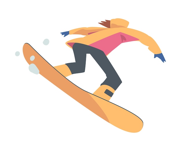 Hombre practicando snowboard en las montañas Snowboarder Personaje vestido con ropa de invierno en salto Actividades deportivas extremas Vacaciones de invierno Ilustración vectorial de estilo de dibujos animados