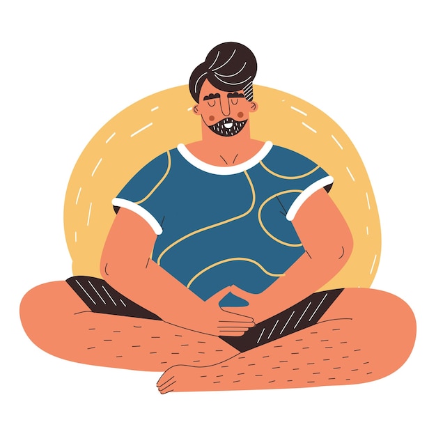 Hombre practicando yoga y control de la respiración Chico joven practicando ejercicios de respiración de meditación relajante en pose de loto de yoga Calma y equilibrio mental Ilustración de dibujos animados de vector plano