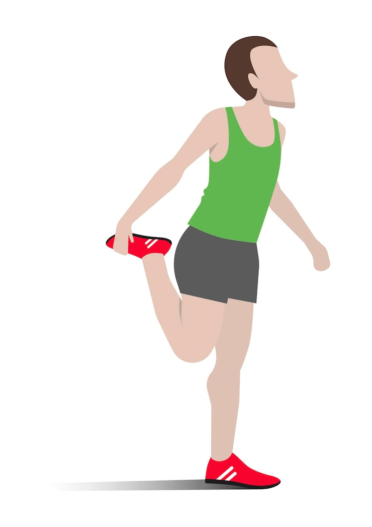 Vector hombre precalentando estirando su pierna antes de comenzar a correr diseño plano de ilustración vectorial deportiva