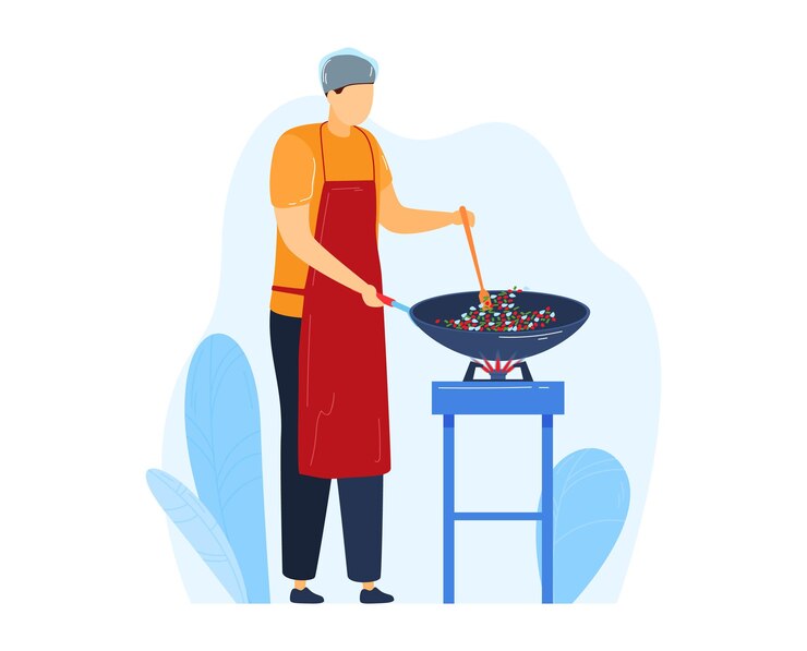 Vector hombre preparando sartén preparando freír verduras comida masculina cocinar cocina diseño de fondo estilo plano