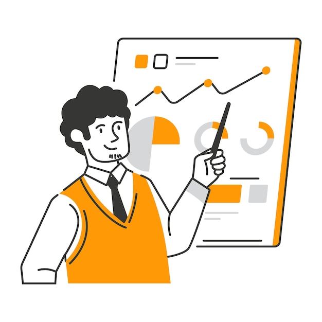 El hombre presenta una ilustración de datos perfecta para la interfaz de usuario y los proyectos de diseño gráfico