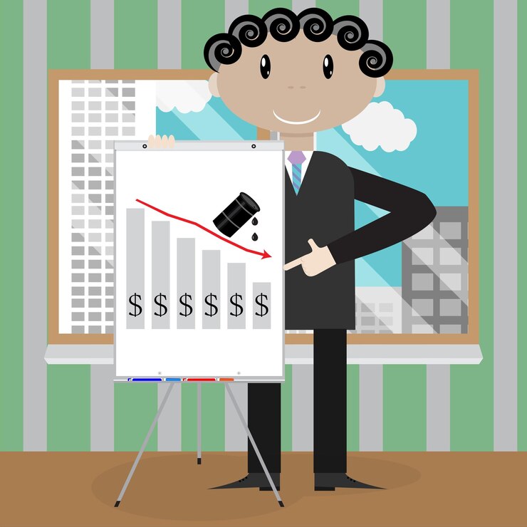 Vector hombre presentación caída de petróleo crisis business colapso información petróleo precio abajo vector diseño plano ilustración