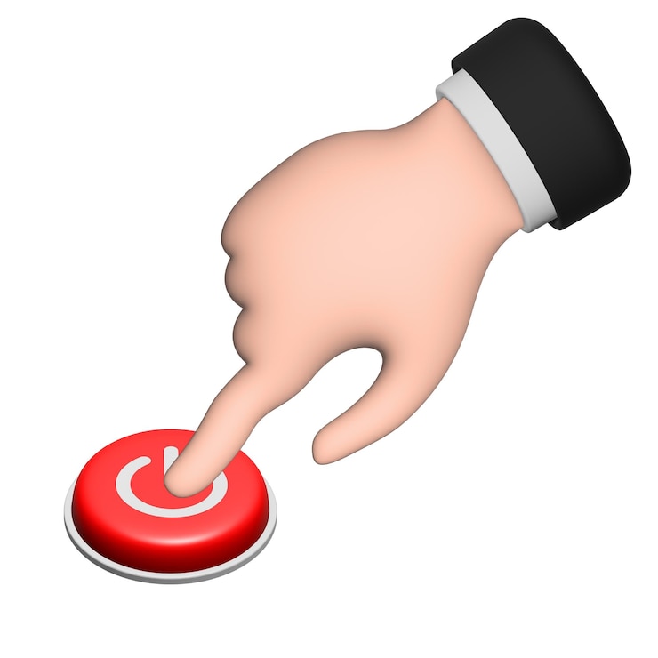 Vector un hombre presionando un cursor de mano del botón de encendido