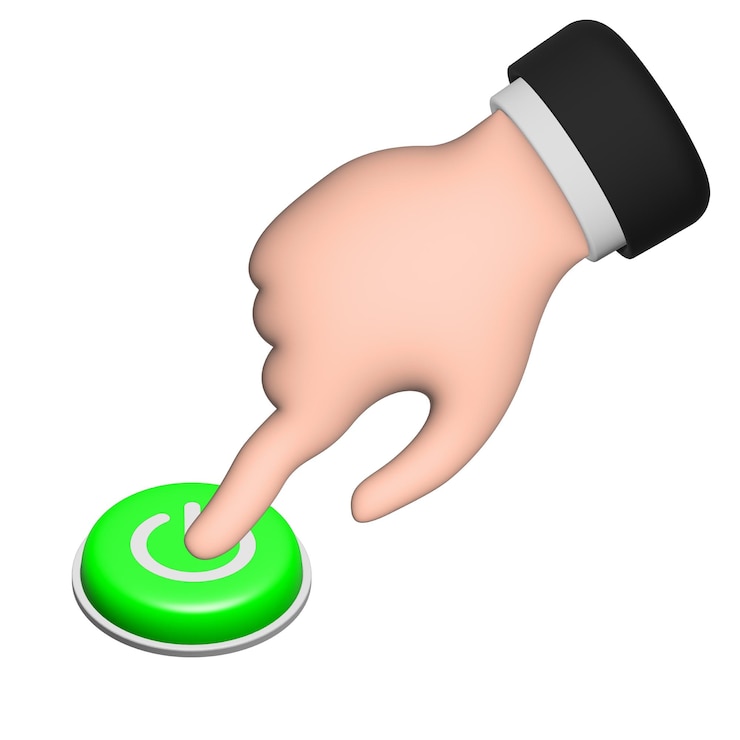 Vector un hombre presionando un cursor de mano del botón de encendido