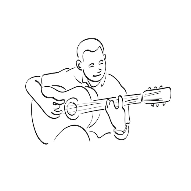 Hombre de primer plano con guitarra acústica sentado en una silla ilustración vectorial dibujada a mano aislada