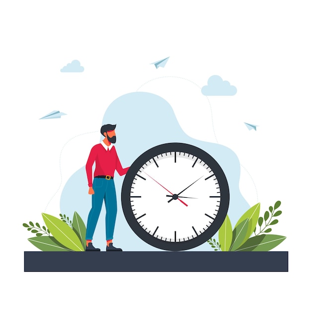 Vector hombre de prisa y reloj de pared. concepto de gestión del tiempo, planificación eficaz para el trabajo productivo, tarea estresante, fecha límite, cuenta atrás. ilustración de vector colorido plano moderno para cartel, banner.