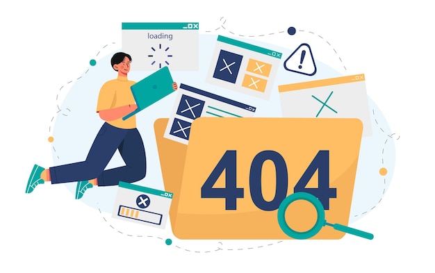 Hombre con problema 404 Joven con portátil cerca de gran carpeta vacía Acceso a la información prohibido Problemas técnicos y enlace incorrecto Ilustración vectorial plana
