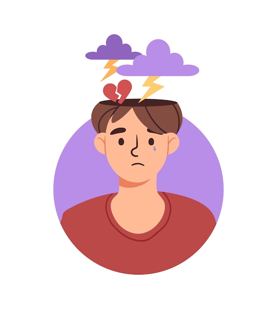 Hombre con problemas psicológicos concepto frustración y depresión joven triste con nubes y relámpagos en la cabeza ilustración vectorial plana de dibujos animados aislado sobre fondo blanco